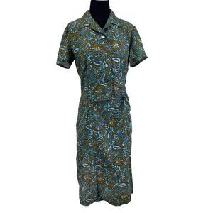1970s Faux Two-Piece Paisley Dress – Size 12, Lined, Side Zip, Flaws